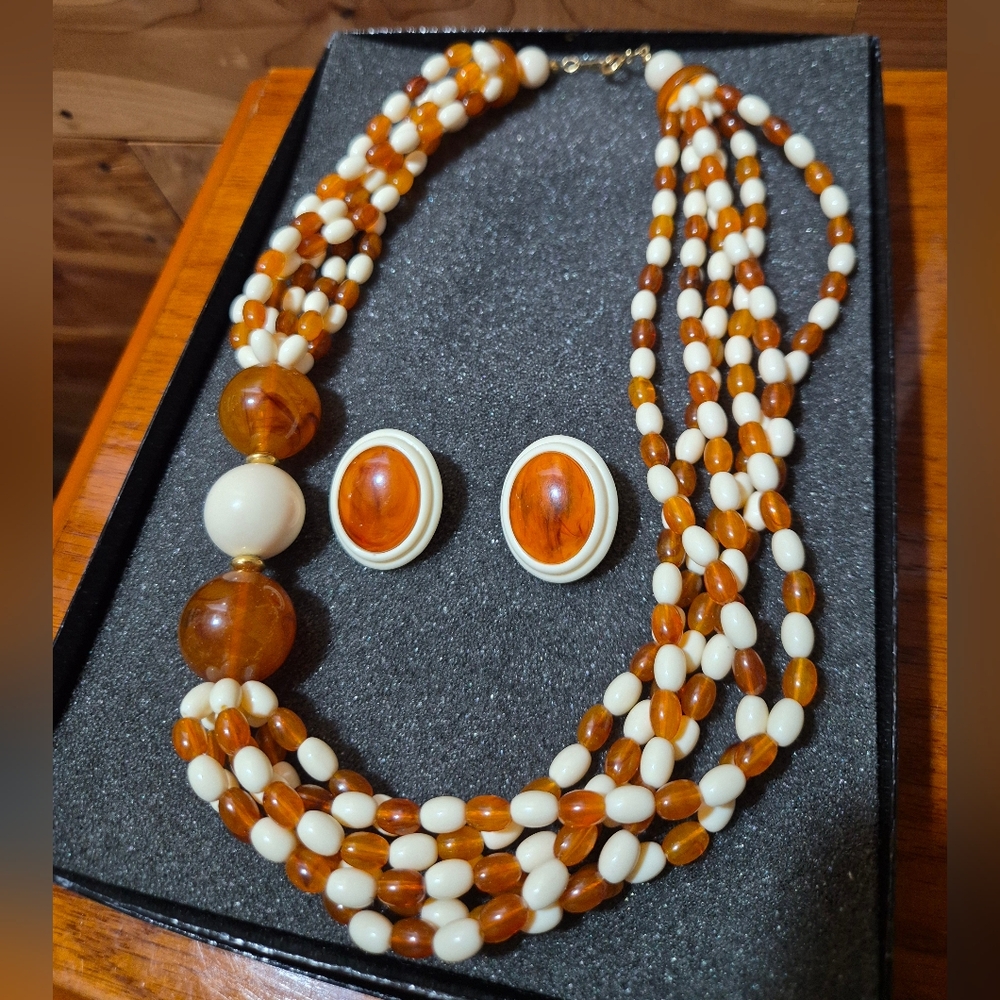 Avon 1995 Amber and Cream Multi-Strand Bead Necklace with Matching Clip Earrings